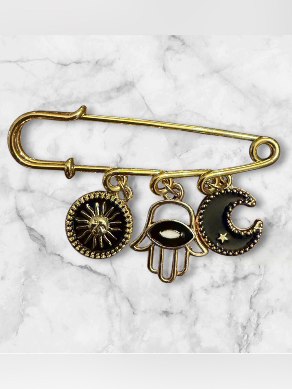 Gold Safety Pin Charm Brooch with Sun, Hamsa Eye & Moon Charms